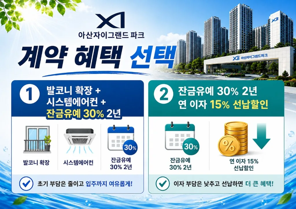 아산자이그랜드파크 계약 혜택 선택 - 1 발코니 확장+시스템에어컨+잔금유예 30% 2년, 2 잔금유예 30% 2년 연 이자 1.5% 선납할인